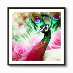 Peacock With Roses 3 Art Print