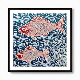 Two Fish In The Sea Linocut Art Print