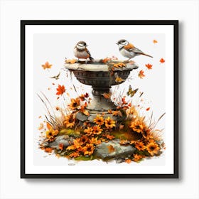 Autumn Birds In A Birdbath Art Print