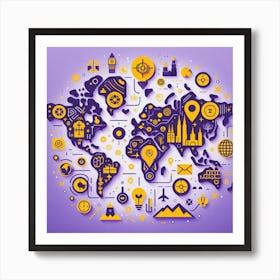 Purple and Yellow Travel: A Charming and Beautiful Illustration of a World Map with Icons in Purple and Yellow Colors Art Print