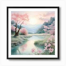 Watercolor Landscape With Shades Of Blush Pink Pale Blue And Mint Green Art Print