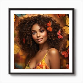 Beautiful African American Woman With Butterflies Art Print