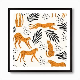 Tropical Cheetah Pattern On White With Black Florals And Decoration Square Art Print