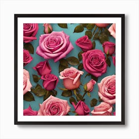 Pink Roses On Blue Background Art Print