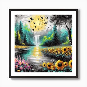 Sunflowers By The Waterfall Art Print