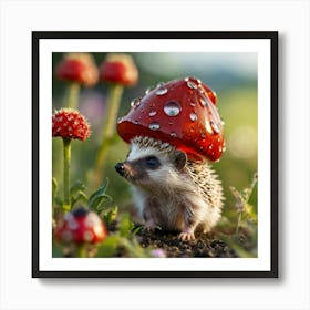 Hedgehog With Mushroom Hat Art Print