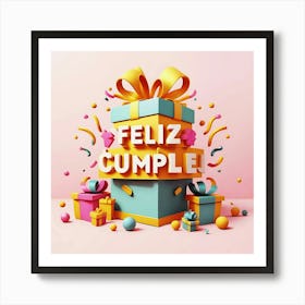 Feliz cumple and Feliz cumpleaños sign means Happy Birthday in Spanish language, Birthday party celebration gift with birthday cake candle colorful balloons best congratulation over light backgroundFeliz Cumpli Art Print