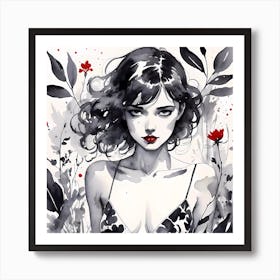 Selective Colour Portrait Of A Beautiful Girl Black And White Painting Square Format Art Print