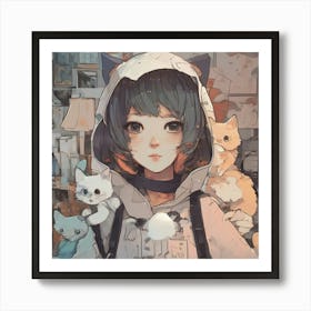 Anime Girl With Cats Art Print