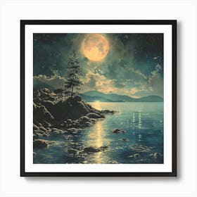 Full Moon Over The Lake 2 Art Print