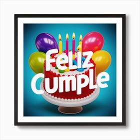 Feliz cumple and Feliz cumpleaños sign means Happy Birthday in Spanish language, Birthday party celebration gift with birthday cake candle colorful balloons best congratulation over light background wall artFeliz Cumple 21 Art Print