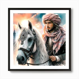 Young Arabian Man On A Horse Color Drawing Art Print