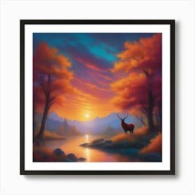 Sunset Deer In The Forest Art Print