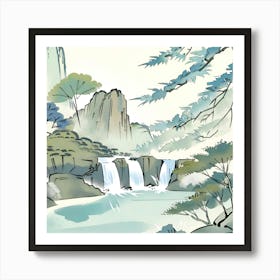 Beautiful Nature And Waterfall ink style Art Print
