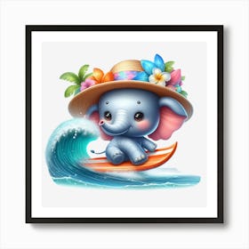 Cute Elephant Riding A Surfboard Art Print