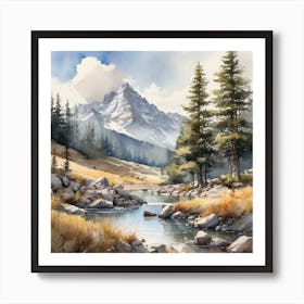 Watercolour Of A Mountain Stream 1 Art Print