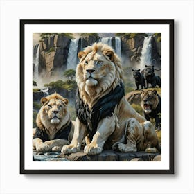 Lions At The Waterfall 1 Art Print