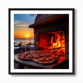 A Beachside Pizzerias Outdoor Oven Its Vibrant Red Bricks Reflecting The Warmth Of The Setting Sun Affiche