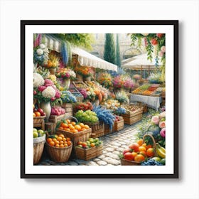 Mediterranean Market: A Lively and Inviting Painting of a Flower and Fruit Market with Mediterranean Vibes Art Print