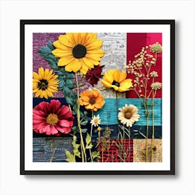 Sunflowers, Design An Eclectic Collage With A Combination Of Fabric Swatches Dried Flowers 1 Art Print