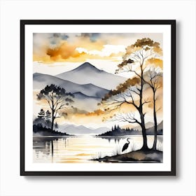 Heron scene in grey and gold 1 Art Print