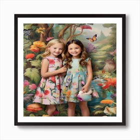 Two Girls In Floral Dresses Art Print