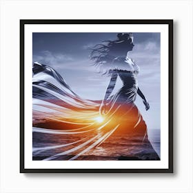 Woman Walking By The Ocean Art Print