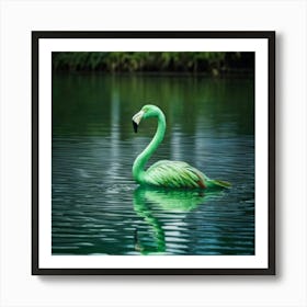 Firefly Whimsical Green Flamingo Gliding On A Glass Lake 54520 (2) Art Print