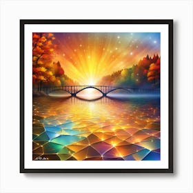 Abstract Color Illustration With A Autumn Sunrise Showing A Glas River And A Long Arch Bridge With Trees And Stars In The Sky Art Print