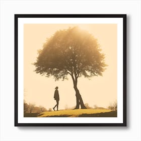 Silhouette Of A Woman Walking Under A Tree Art Print