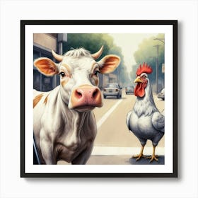 Cow And Chicken On The Street Art Print