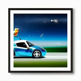 Musical bird cruising on a car Art Print