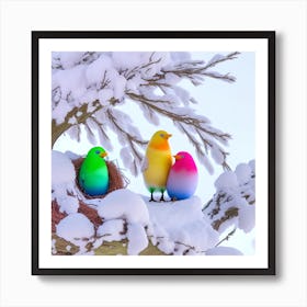 Colorful Birds In The Snow 1 Art Print