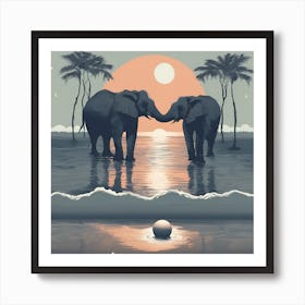 Elephants At Sunset Art Print