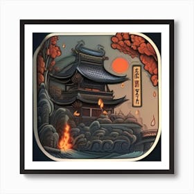 Japan Rain Night Autumn Fantasy Ancient Environment Art Print