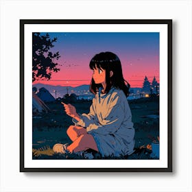 Anime Girl Sitting In Grass Art Print