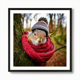 Firefly Squirrel, Closeup, Cute, Knitted, Hat, Scarf, Branch, Tree, Autumn, Cozy, Woodland, Nature, (11) Art Print