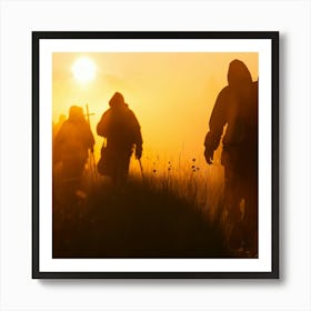 Silhouette Of Hikers At Sunrise Art Print