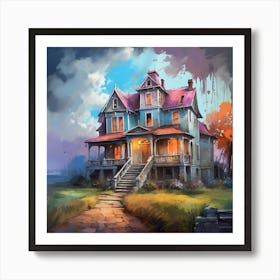 Colorful Haunted House Oil Painting Art Print