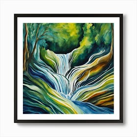 Waterfall In The Forest- Beautiful waterfall at the mountain with blue sky and white cumulus clouds. Waterfall in tropical green tree forest. Waterfall is flowing in jungle. Nature abstract background. Art Print