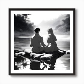 Anime Couple Sitting On The Rocks Art Print