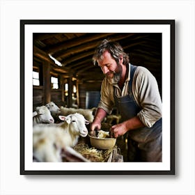 Man Feeding Sheep In A Barn Art Print