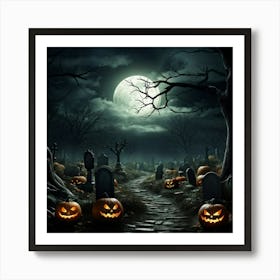 Art Landscape Pumpkin Holiday Design Halloween Fear Moon Skittish Green Grave Dark Scene (27) Poster