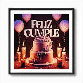 Feliz cumple and Feliz cumpleaños sign means Happy Birthday in Spanish language, Birthday party celebration gift with birthday cake candle colorful balloons best congratulation over light background wall artFeliz Cumple 33 Art Print