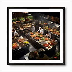 Overhead View Of A Burger Kitchen In Action Chefs Proudly Plating Gourmet Burgers Stunning Stainle 555813656 (3) Art Print