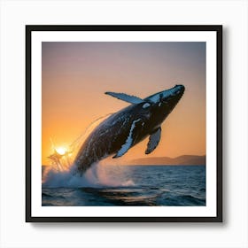 Humpback Whale Jumping At Sunset 1 Art Print