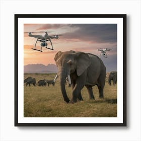 Elephants And Drones 1 Art Print