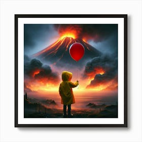 A Beautiful Day a boy wearing a yellow rain coat holding a red ballon, standing in front of a smokey volcano, digital art... Art Print