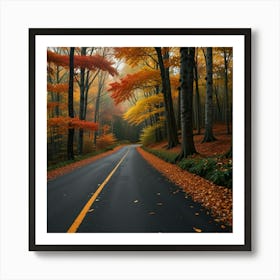 A Winding Road Through A Dense Forest With Autumn Leaves In Vibrant Colors Art Print