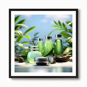 Water Bottles with a lime jar and plants around Art Print